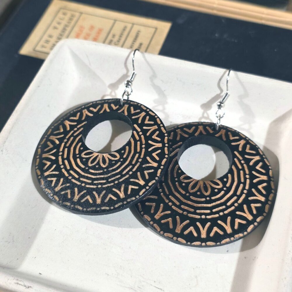 Flower Abstract Art Tribal Style Black Tan Laser Etched Handmade Wood Earrings